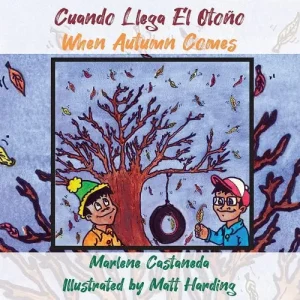 Cover for the book Cuando llegó el otoño. Two children playing in a misty and cool yard - eSpacool Online Spanish School For Kids